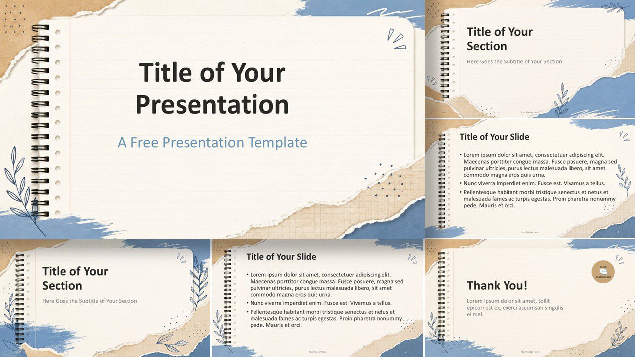 Torn Paper Notebook Template for PowerPoint and Google Slides with six editable layouts and handmade collage details.
