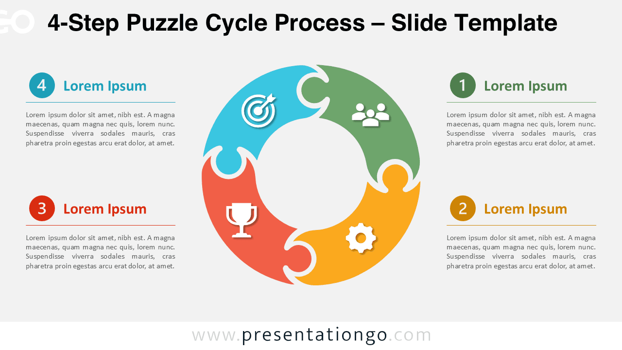 4-Step Puzzle Cycle Process for PowerPoint and Google Slides illustrating four interconnected puzzle stages with editable icons and text.
