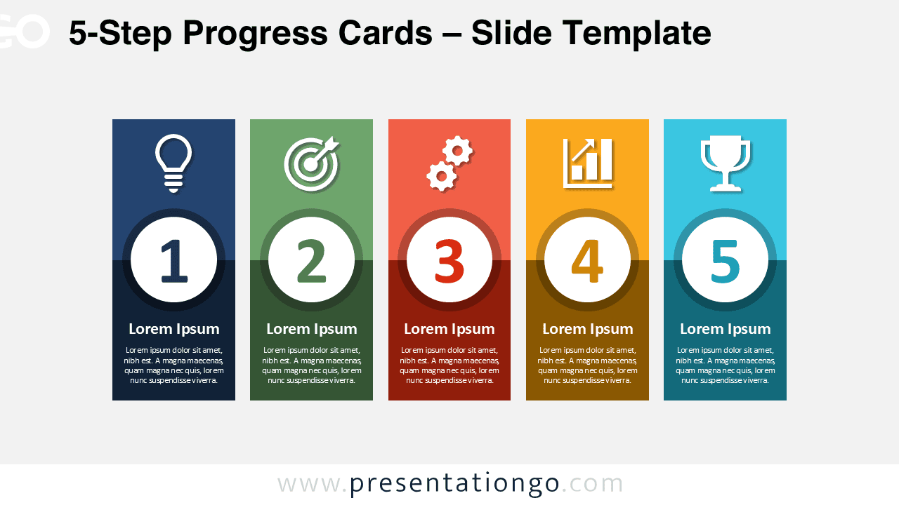 5-Step Progress Cards for PowerPoint and Google Slides with five numbered stages, editable icons, headings, and text.