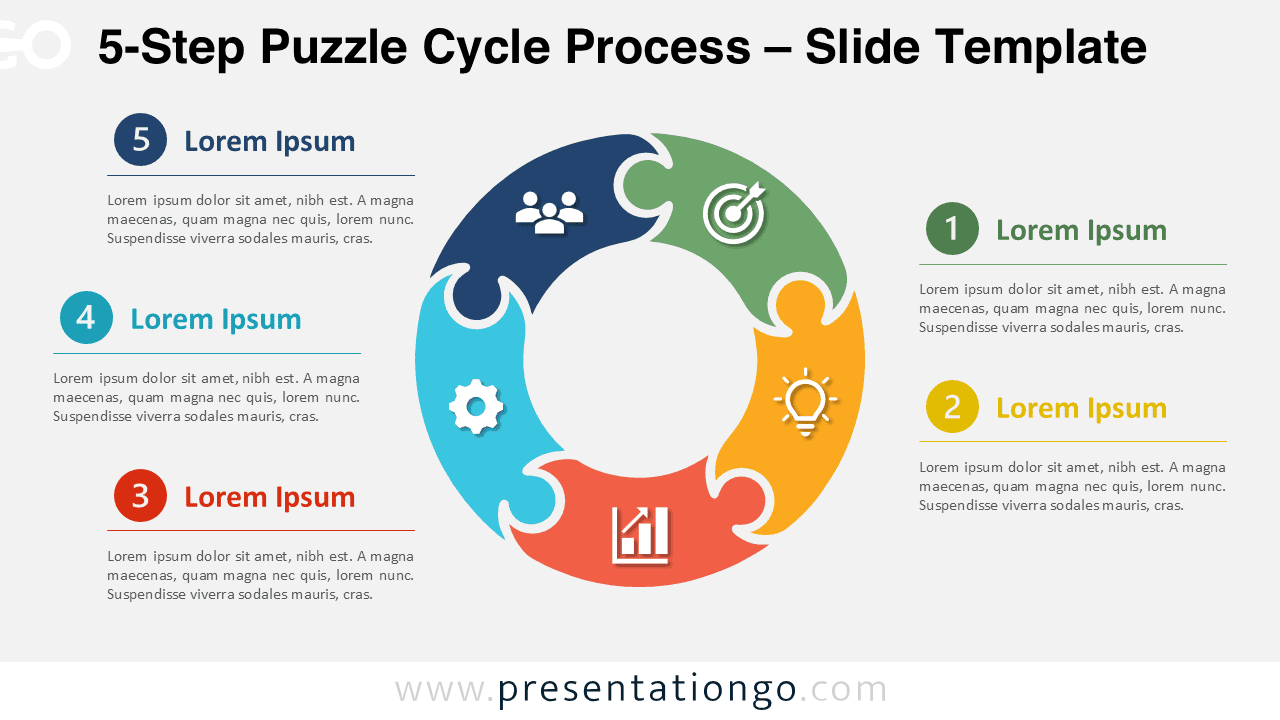 5-Step Puzzle Cycle Process for PowerPoint and Google Slides presenting five interconnected puzzle stages with editable icons and text.