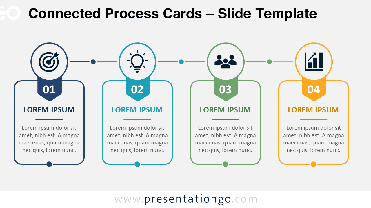 Connected Process Cards PowerPoint diagram with four linked stages, editable Office icons, and Google Slides compatibility.