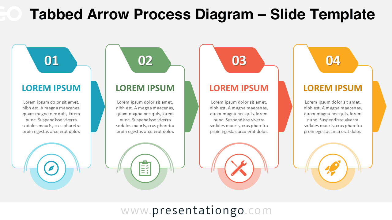 Tabbed Arrow Process Diagram for PowerPoint and Google Slides with four editable cards, arrows, text, and Office icons.