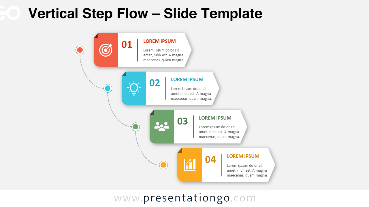 Vertical Step Flow PowerPoint diagram with four connected process stages, editable Office icons, and fully customizable layout for Google Slides.