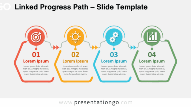 Linked Progress Path PowerPoint and Google Slides diagram with four connected steps, icons, arrows, and editable text areas.