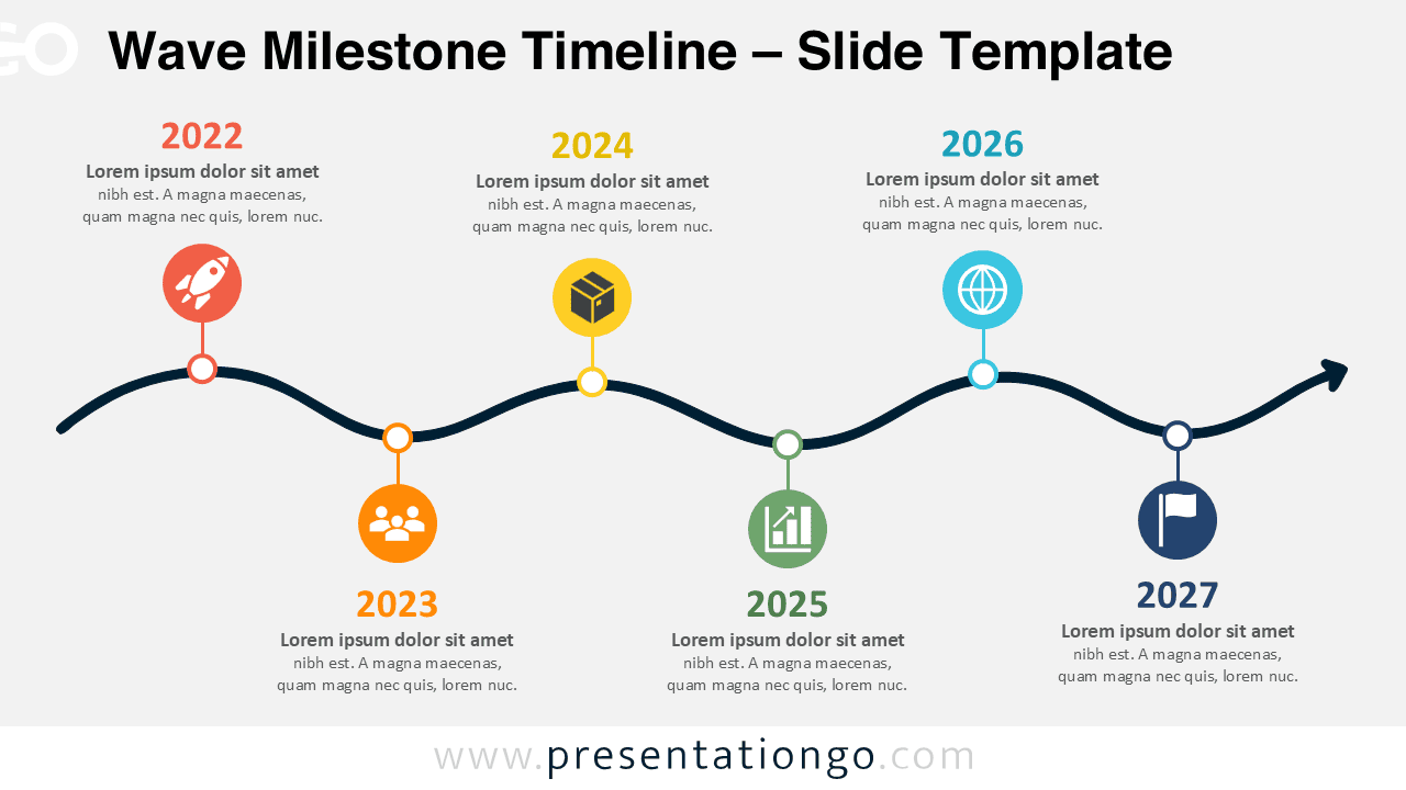 Wave Milestone Timeline for PowerPoint and Google Slides with six dated milestones, icons, text, and a flowing curved path.