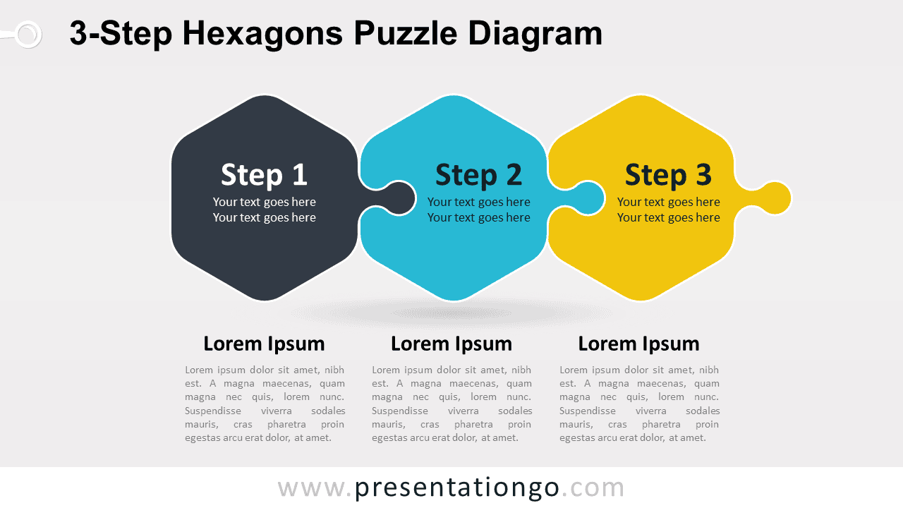 3-Step Hexagons Puzzle Diagram for PowerPoint and Google Slides with three connected pieces for processes and workflows.