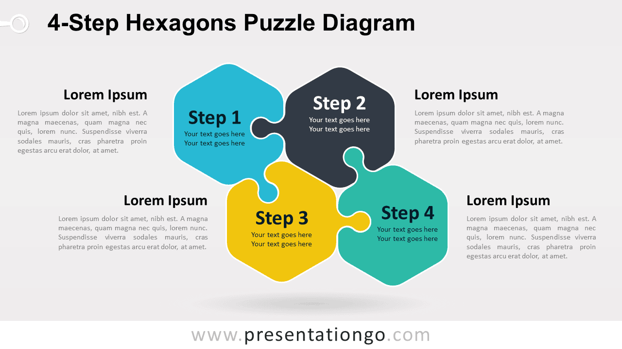 4-Step Hexagons Puzzle Diagram for PowerPoint and Google Slides with four connected pieces for processes and frameworks.