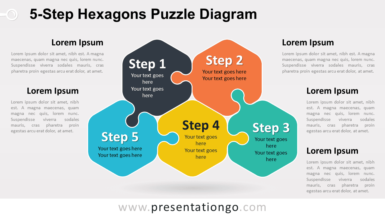 5-Step Hexagons Puzzle Diagram for PowerPoint and Google Slides with five connected puzzle pieces for processes and frameworks.