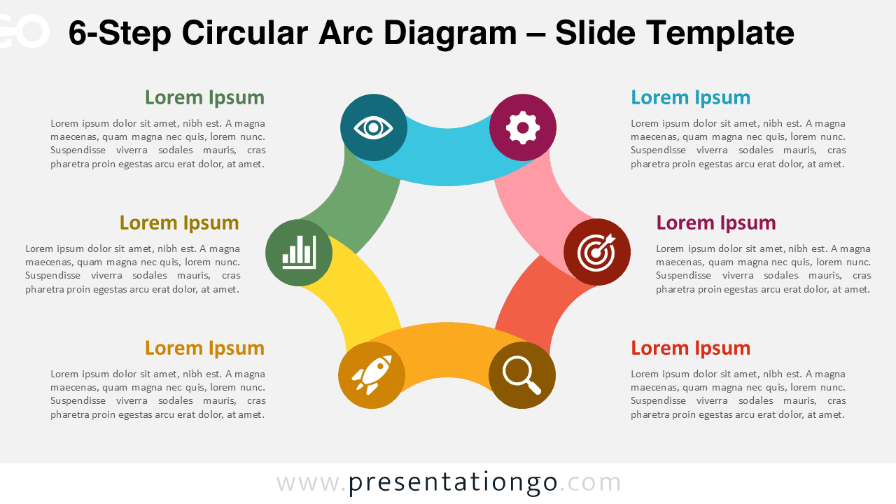 6-Step Circular Arc Diagram for PowerPoint and Google Slides with six editable arc stages, icons, and text areas.