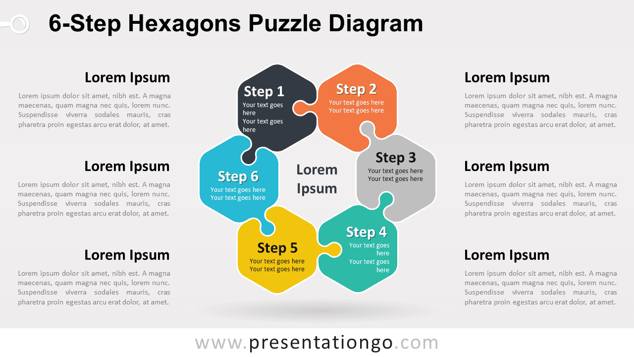 6-Step Hexagons Puzzle Diagram for PowerPoint and Google Slides with six connected pieces arranged in a circular process.