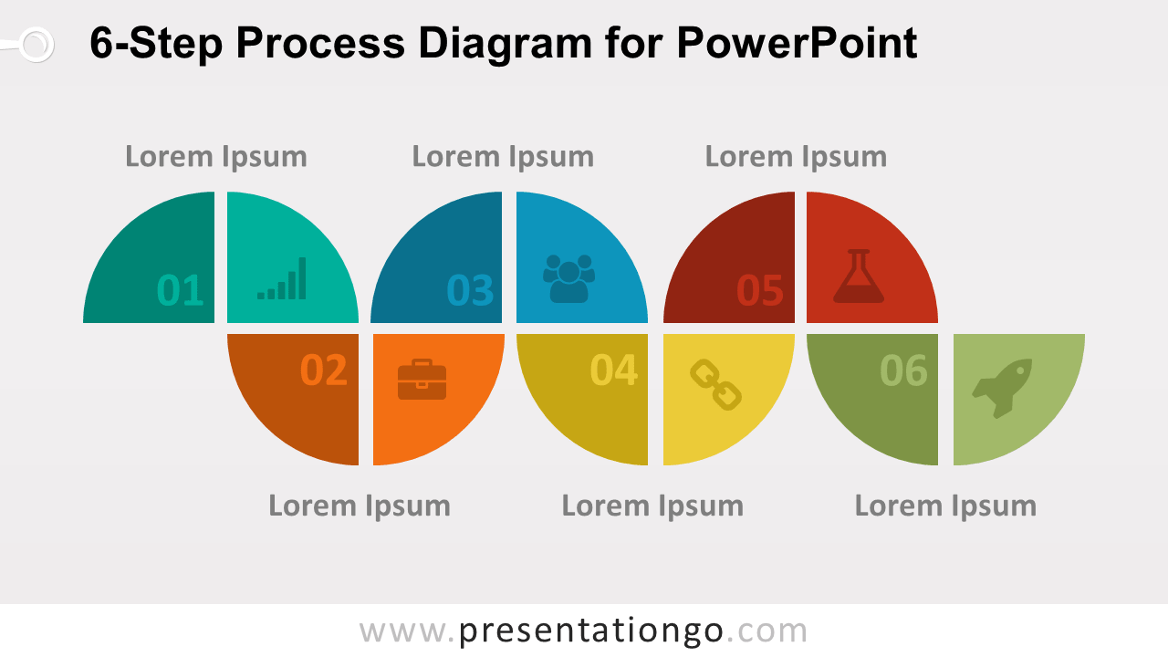 6-Step Process Diagram for PowerPoint with six numbered stages, editable icon placeholders, and text areas for workflows.