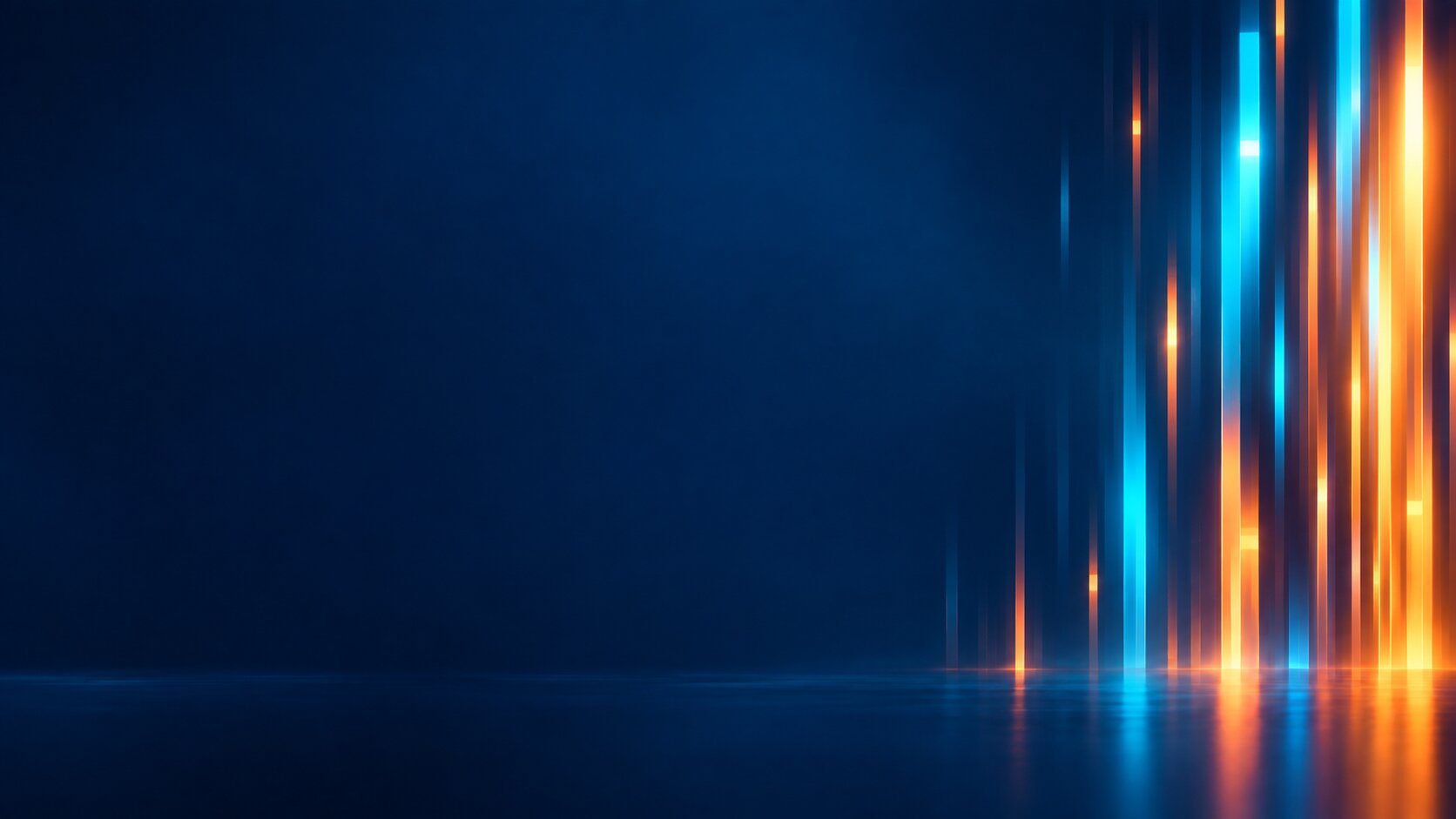 Matching blue and orange light bars frame the right edge, leaving a broad dark blue area open for slide text.