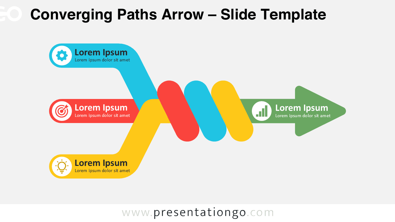 Converging Paths Arrow for PowerPoint and Google Slides showing three editable paths merging into one output arrow.