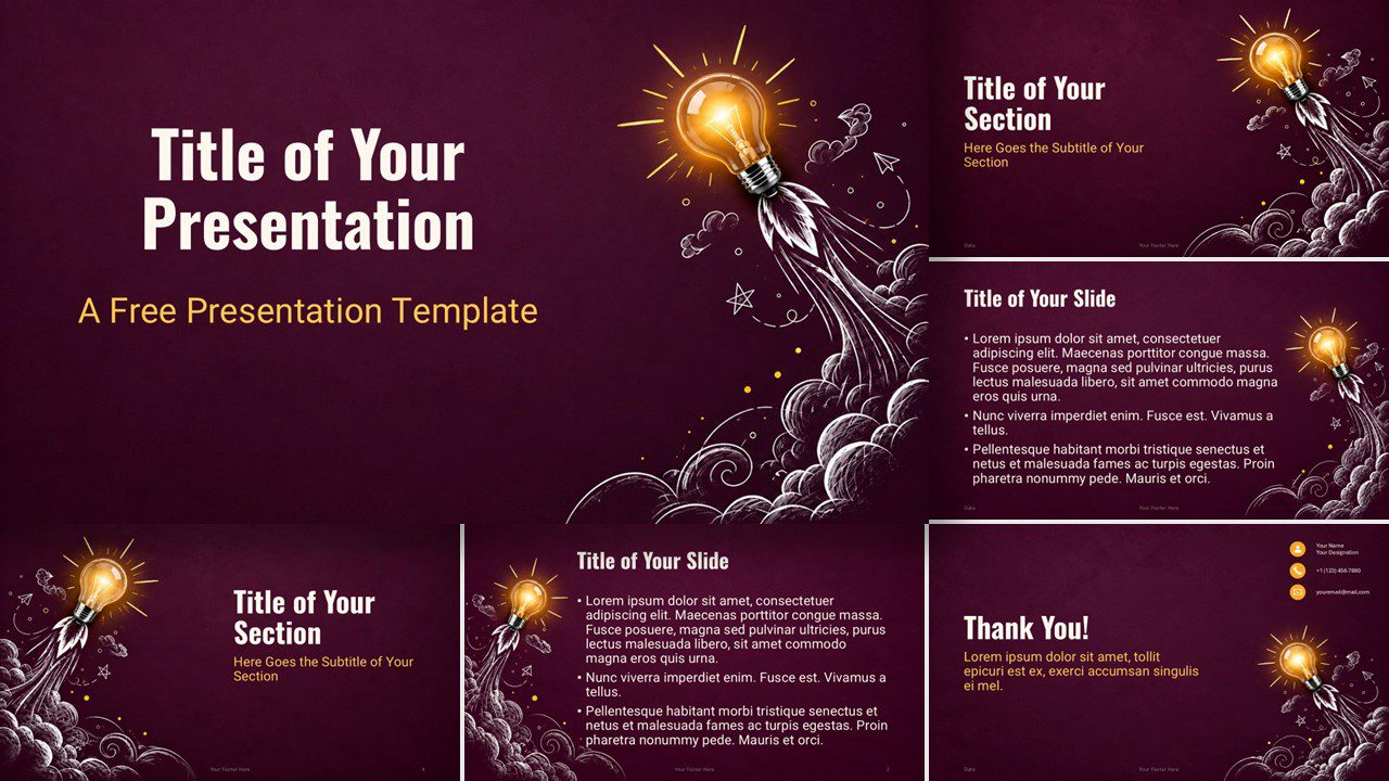 Creative Spark template for PowerPoint and Google Slides with eight previews showcasing its creative light bulb theme.