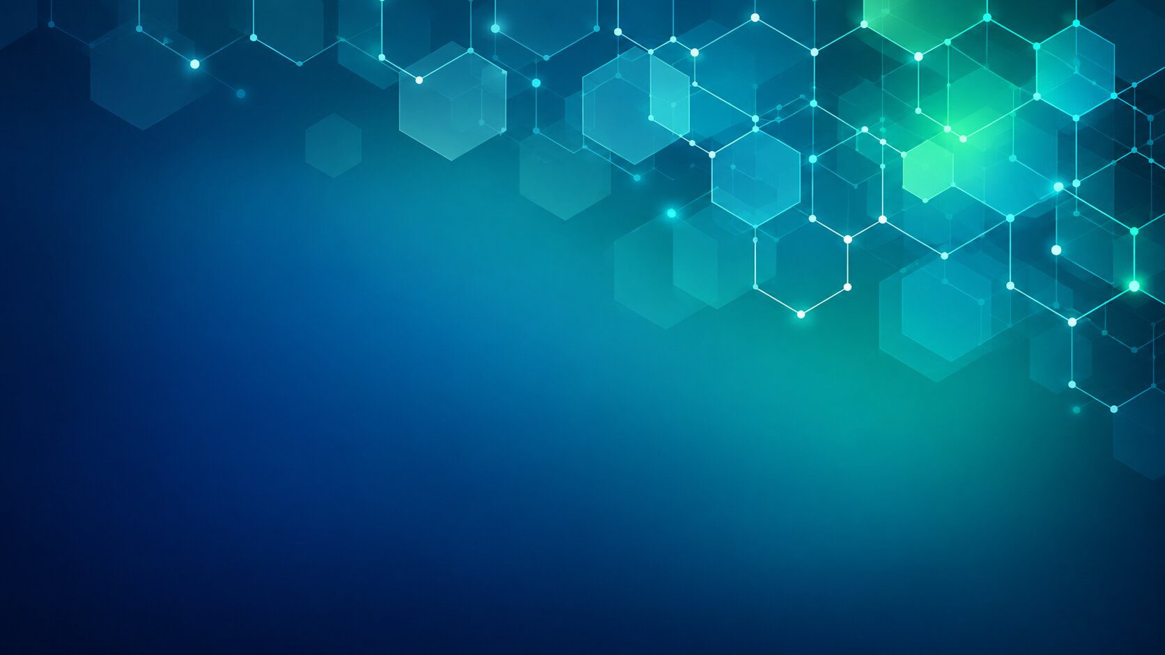 Glowing hexagons and connected network lines form a teal and blue digital technology cover background with open space.