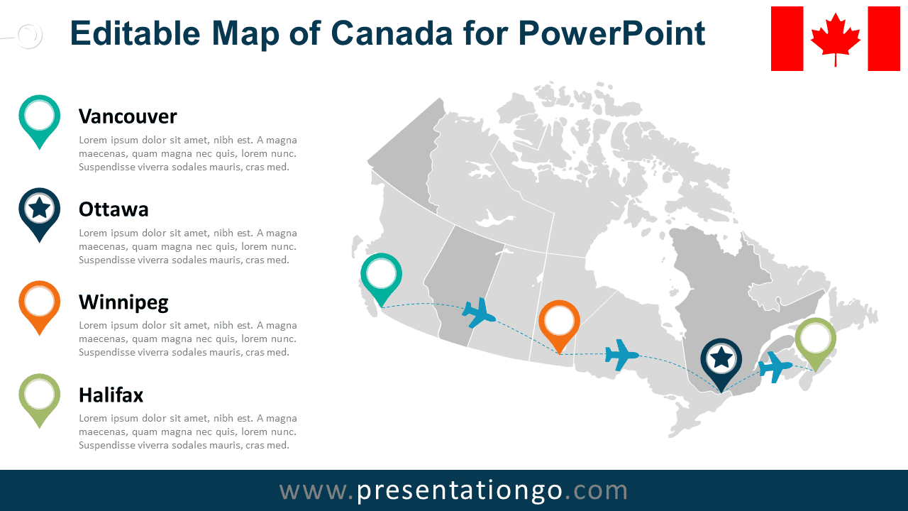 Editable Canada Map Diagram for PowerPoint with province outlines, city markers, travel routes, and location details.