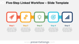 Five-Step Linked Workflow for PowerPoint and Google Slides with five connected stages, icons, headings, and editable text.