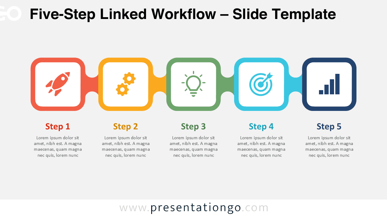 Five-Step Linked Workflow for PowerPoint and Google Slides with five connected stages, icons, headings, and editable text.