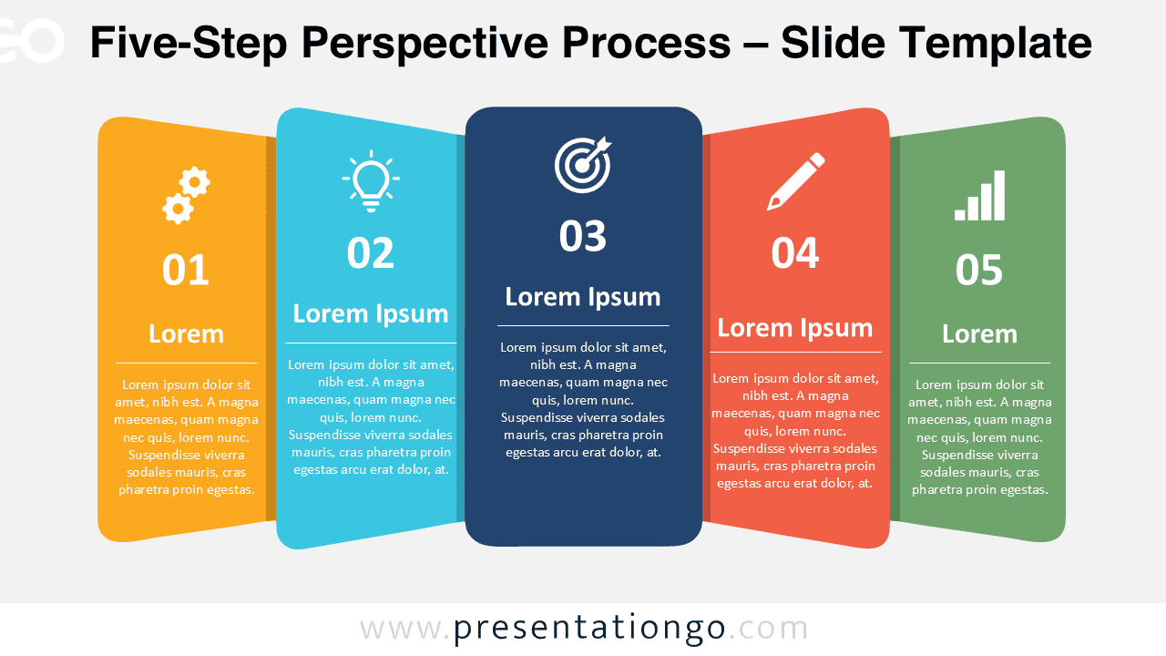 Five-Step Perspective Process for PowerPoint and Google Slides with five numbered panels arranged in a layered sequence.