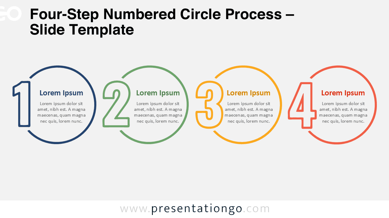 Four-Step Numbered Circle Process for PowerPoint and Google Slides with four editable numbered stages for workflows or plans.