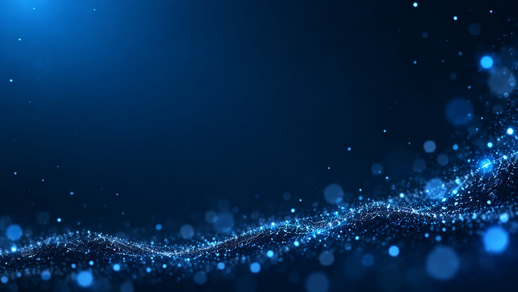 Glowing blue particle wave borders a spacious dark widescreen background with a large text-friendly area.
