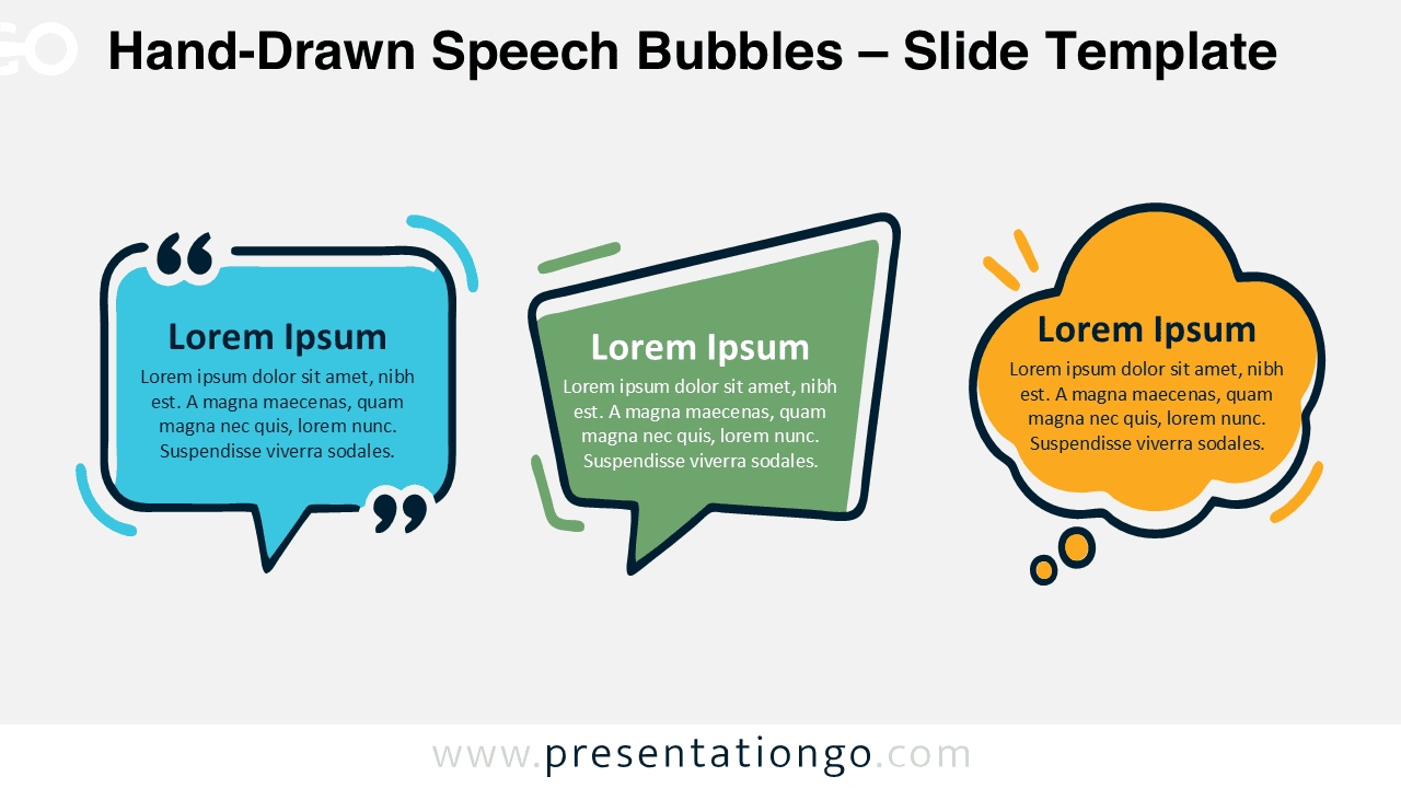 Hand-Drawn Speech Bubbles for PowerPoint and Google Slides with three editable shapes for quotes, dialogue, and ideas.