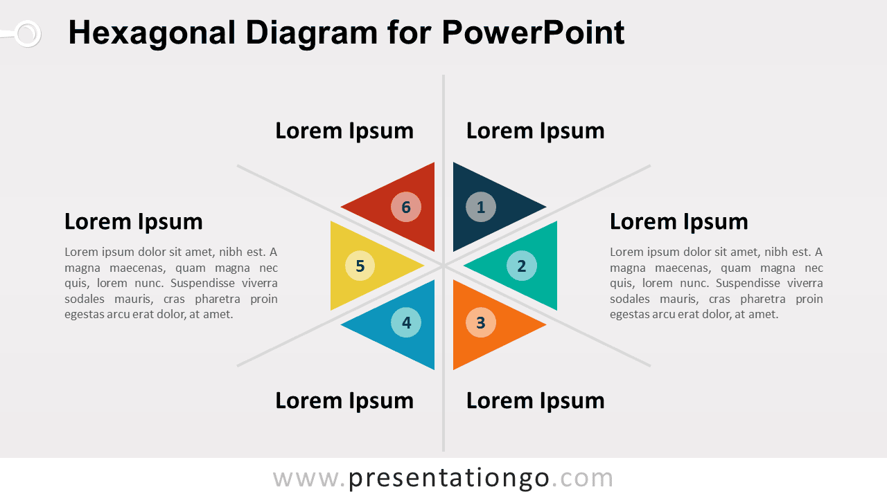 Hexagonal Diagram for PowerPoint with six numbered radial segments for frameworks, categories, stages, and strategic concepts.