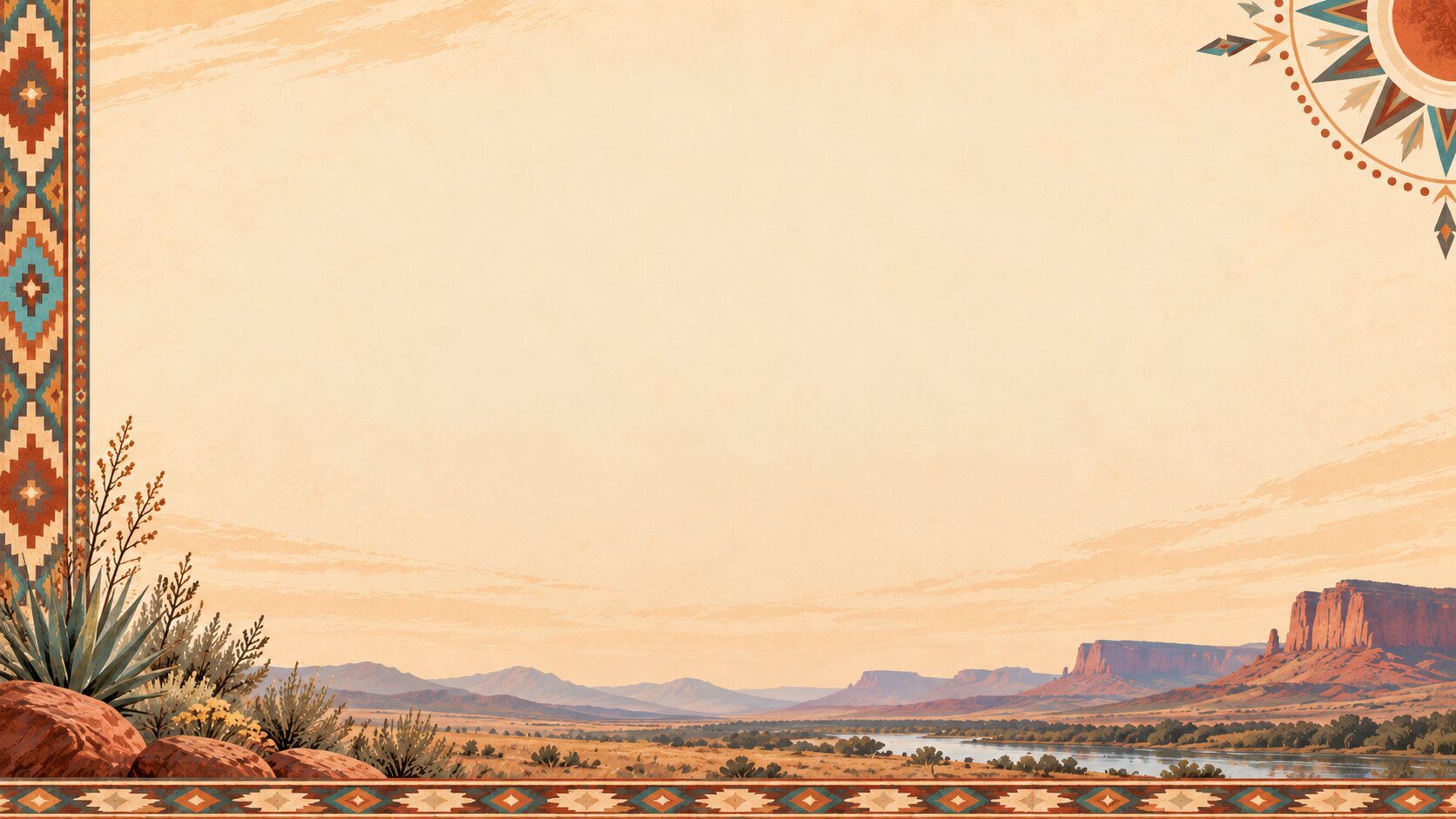 Matching desert landscape background with geometric borders, canyon mesas, river, and large open text area.
