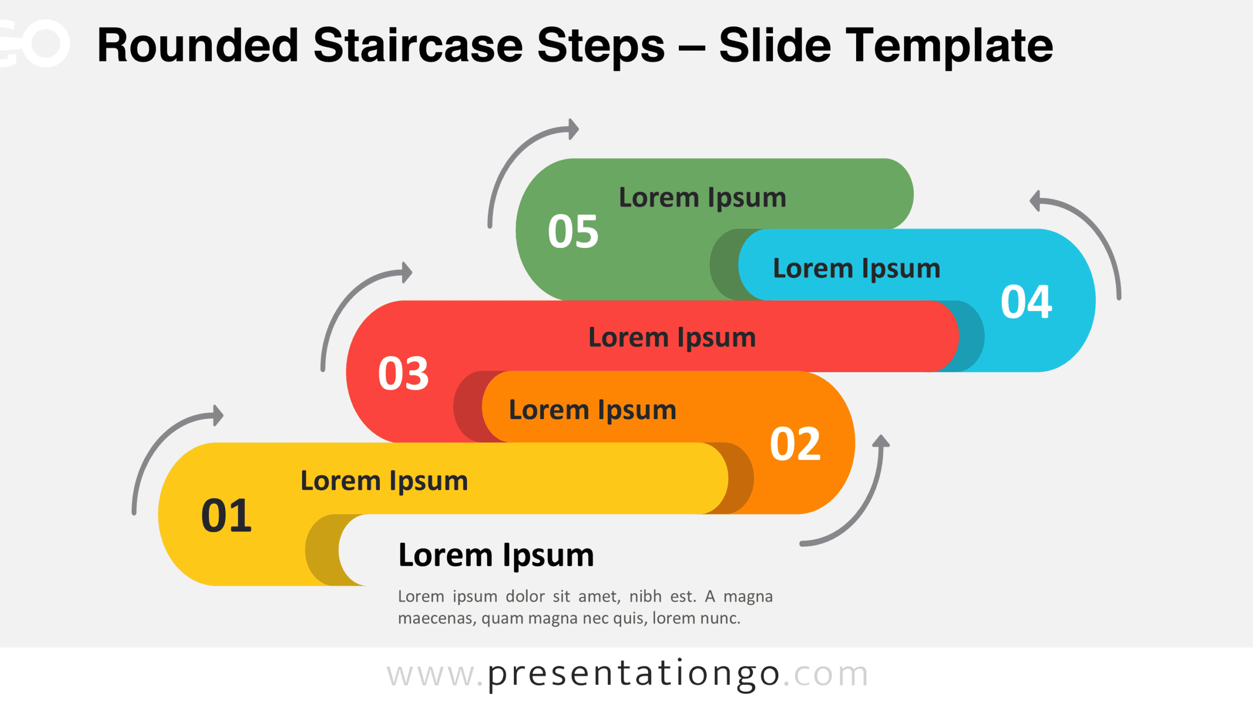 Rounded Staircase Steps PowerPoint diagram with five numbered stages, curved arrows, and editable text for Google Slides.