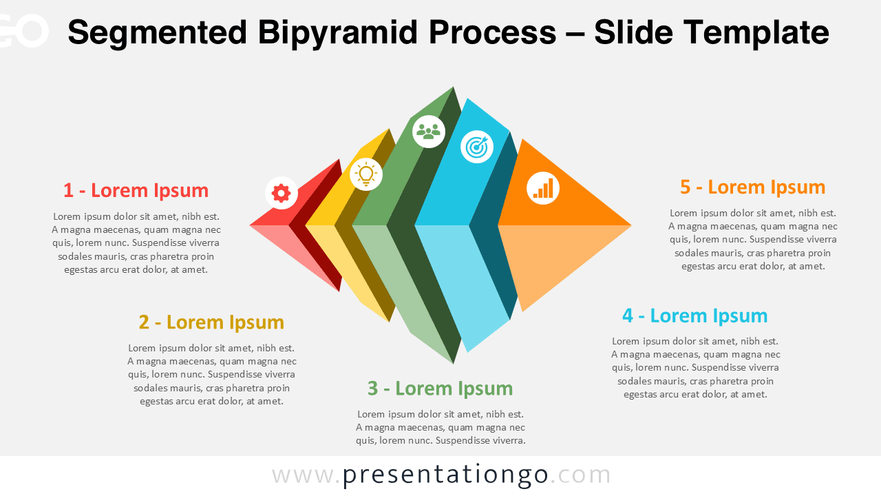 Download the Segmented Bipyramid Process Diagram for PowerPoint and Google Slides. Present five connected stages with editable shapes, text, and icons.