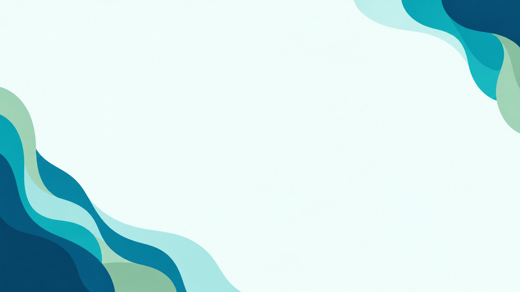 Teal, blue, and green layered waves frame a spacious light center with ample room for slide titles and content.