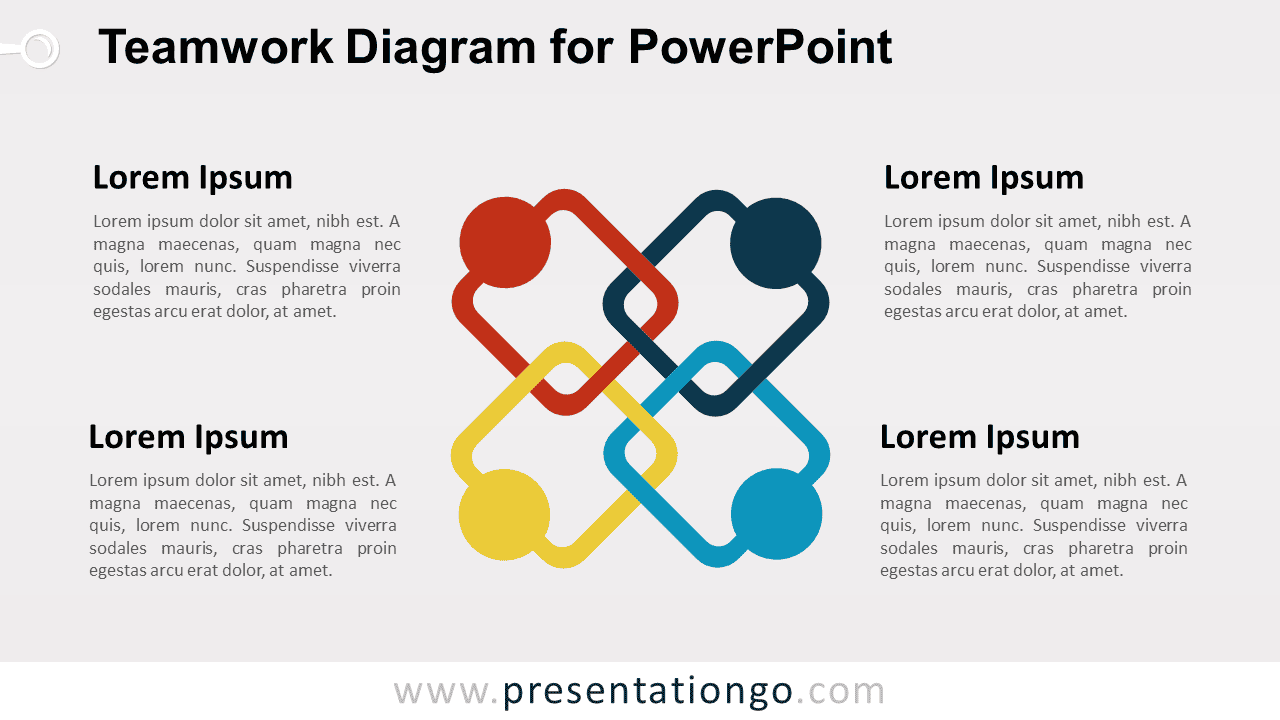 Teamwork Diagram for PowerPoint with four connected figures representing collaboration, shared roles, and team responsibilities.