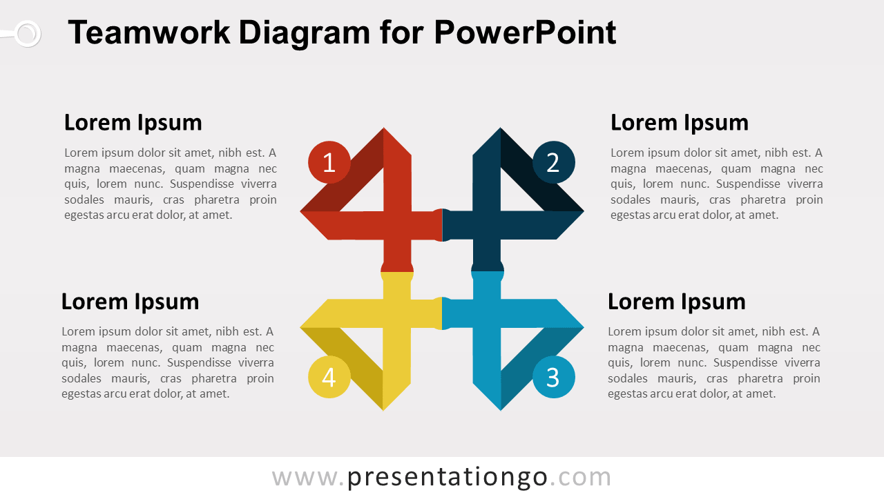 Teamwork Matrix Diagram for PowerPoint with four interconnected numbered sections and text areas for team roles and priorities.