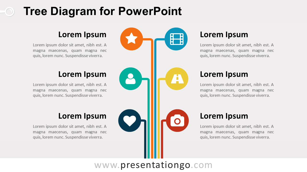 Tree Diagram for PowerPoint with six editable branches, circular icon placeholders, and text areas for related topics.