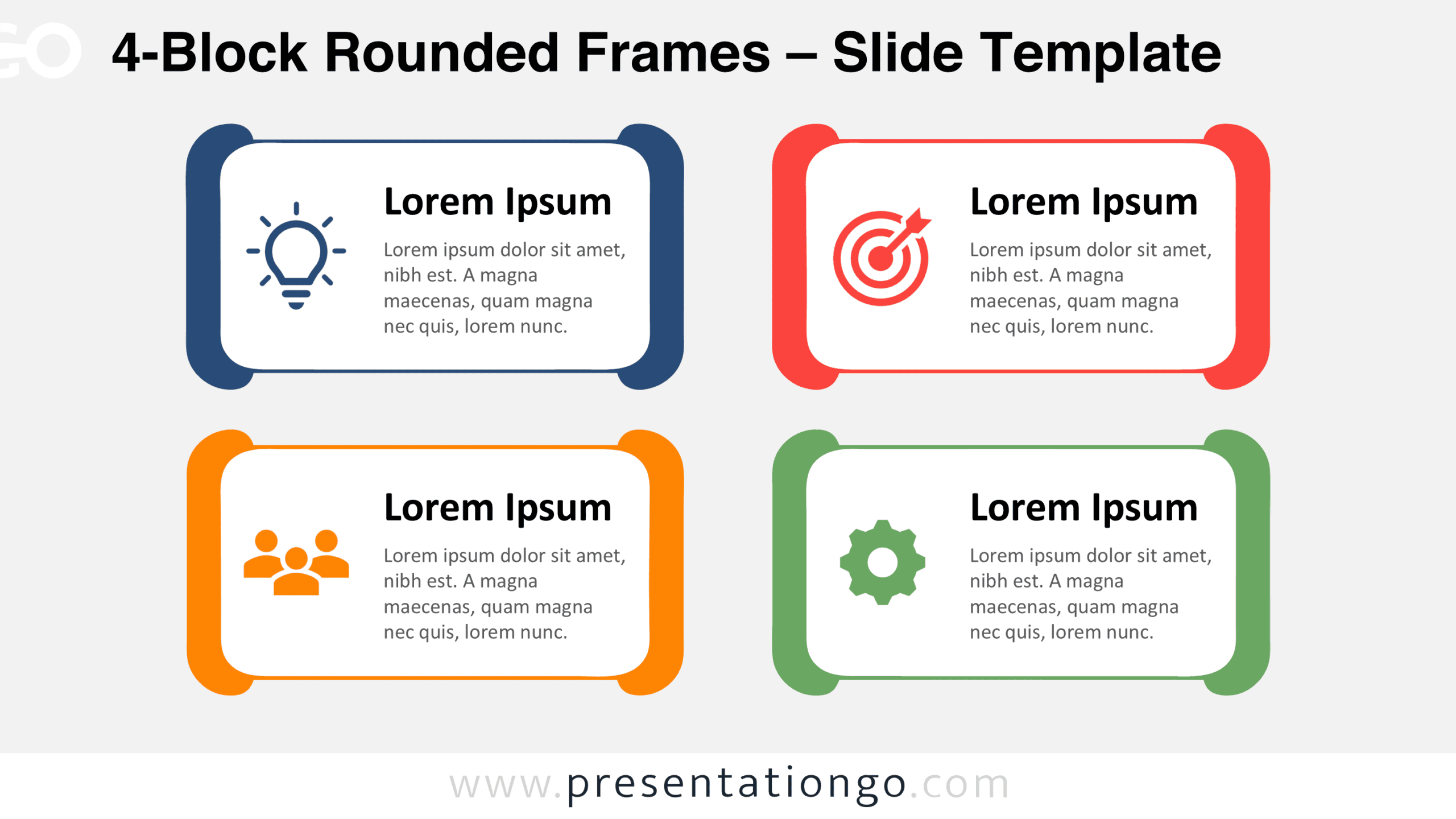 4-Block Rounded Frames PowerPoint diagram with four editable content panels, icon placeholders, and text for Google Slides.