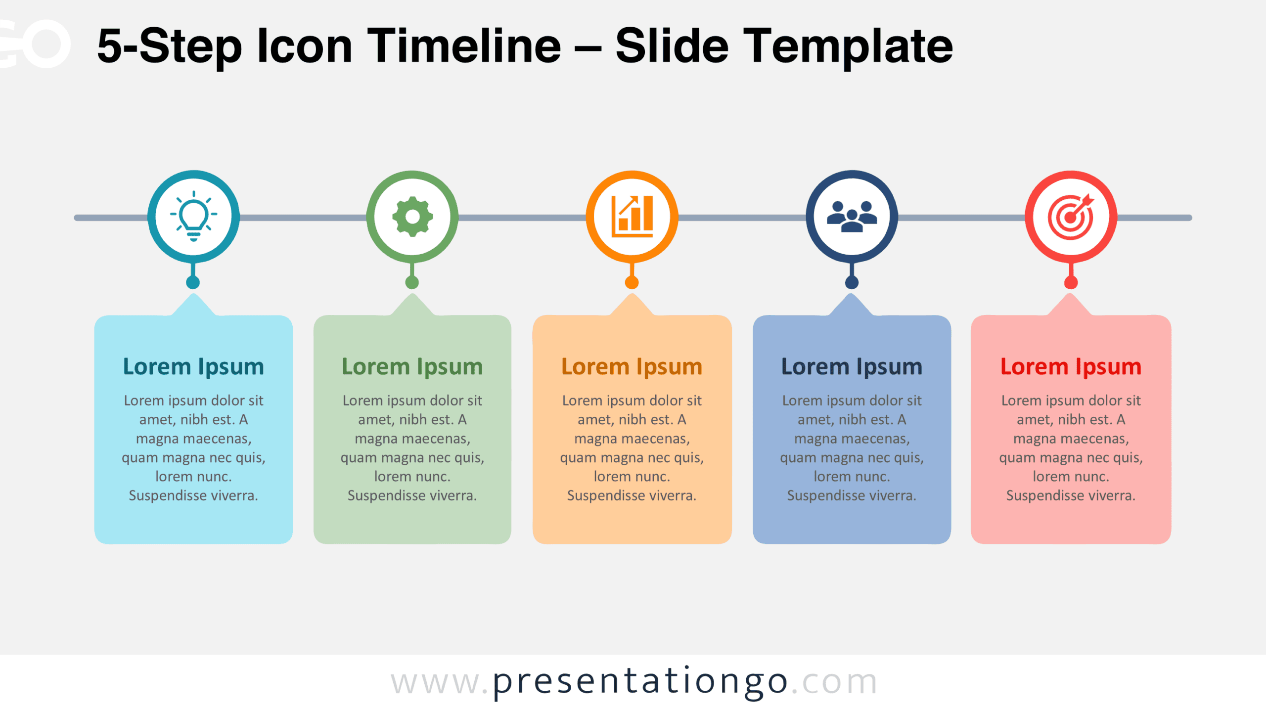 5-Step Icon Timeline for PowerPoint and Google Slides with five circular milestone icons, connected line, and editable text panels.