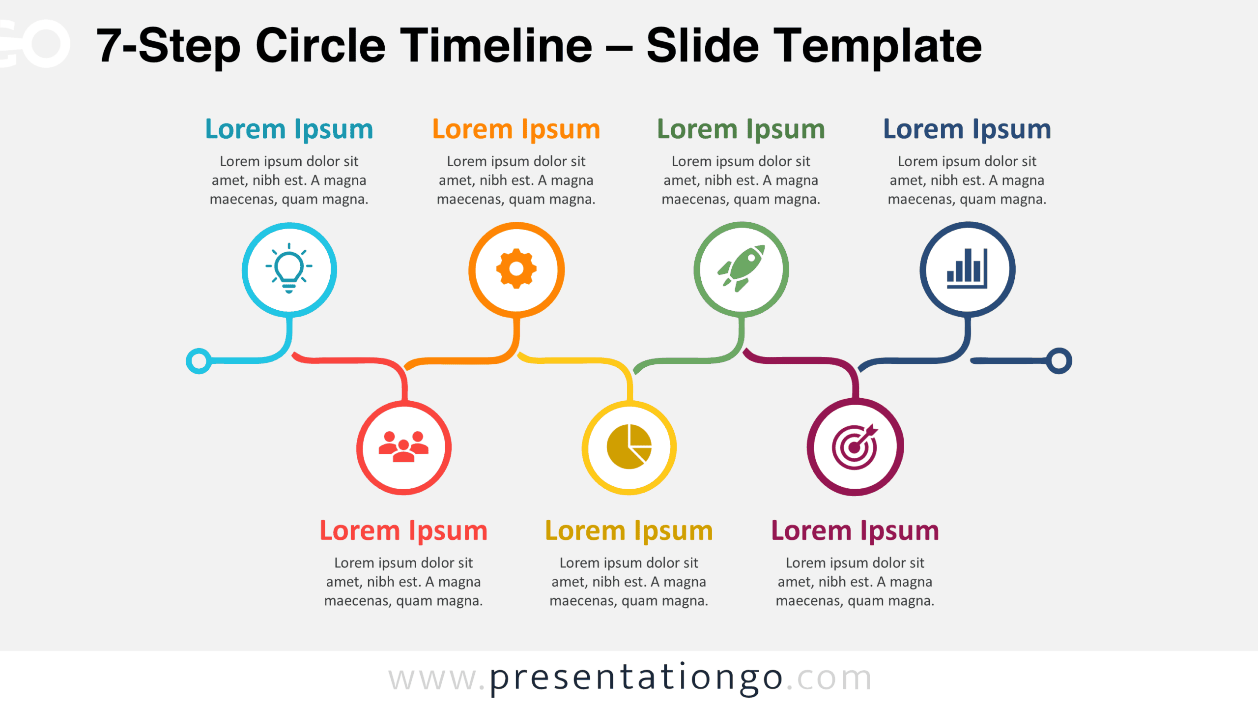 7-Step Circle Timeline for PowerPoint and Google Slides with seven alternating icon milestones along a connected pathway.