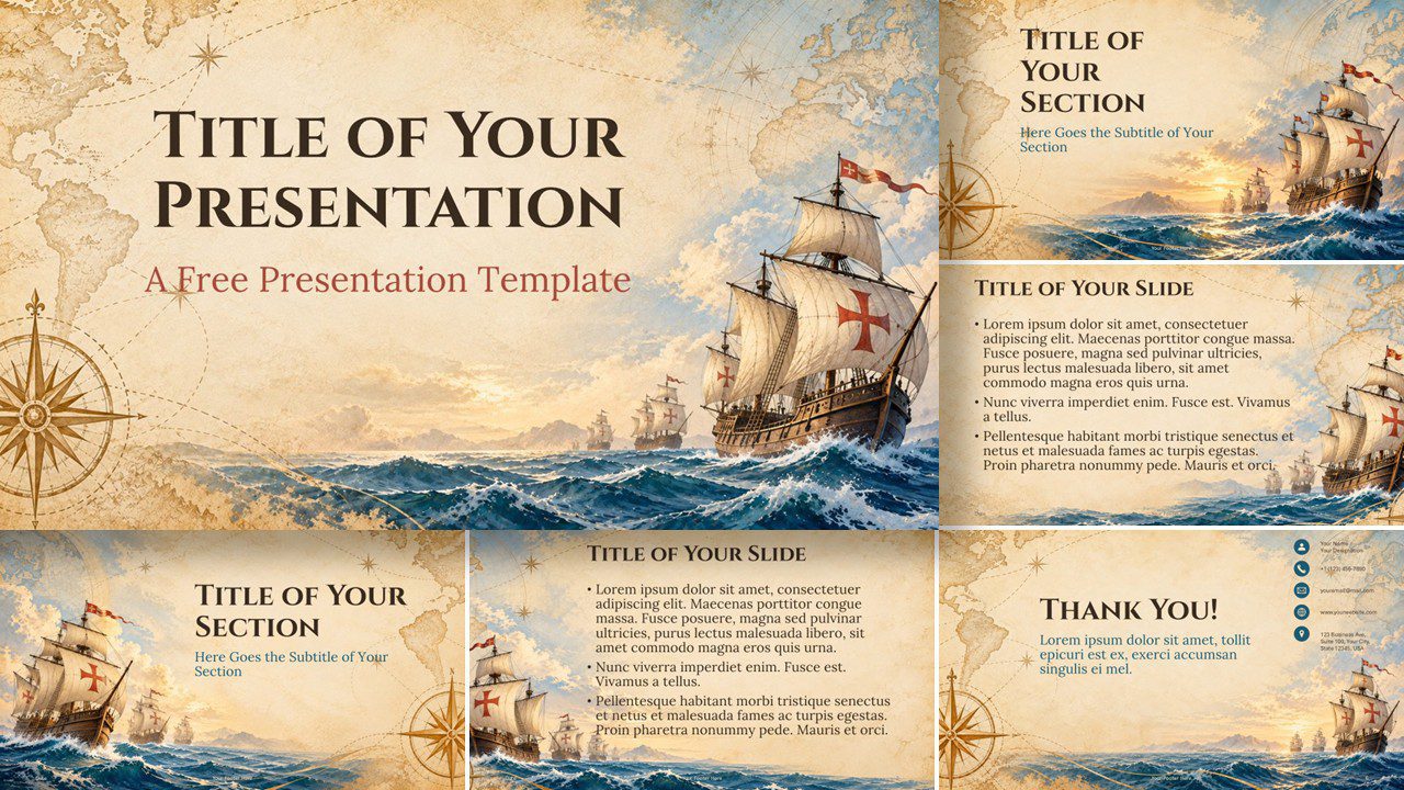 Age of Exploration PowerPoint and Google Slides template preview showing six Columbus Day slides with vintage maritime art.