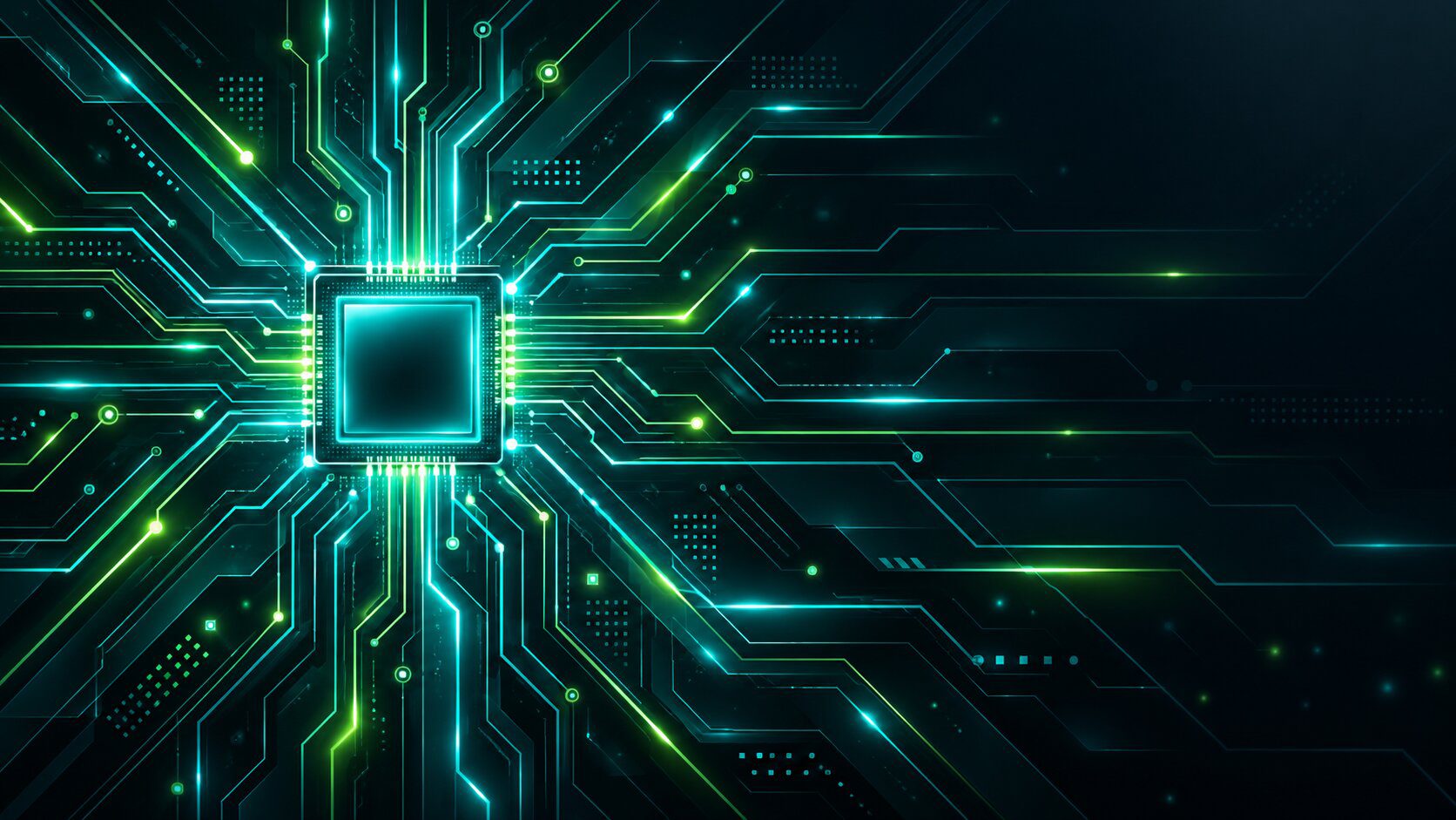 Glowing AI processor with bright circuit lines on a dark background, creating a bold technology cover slide.