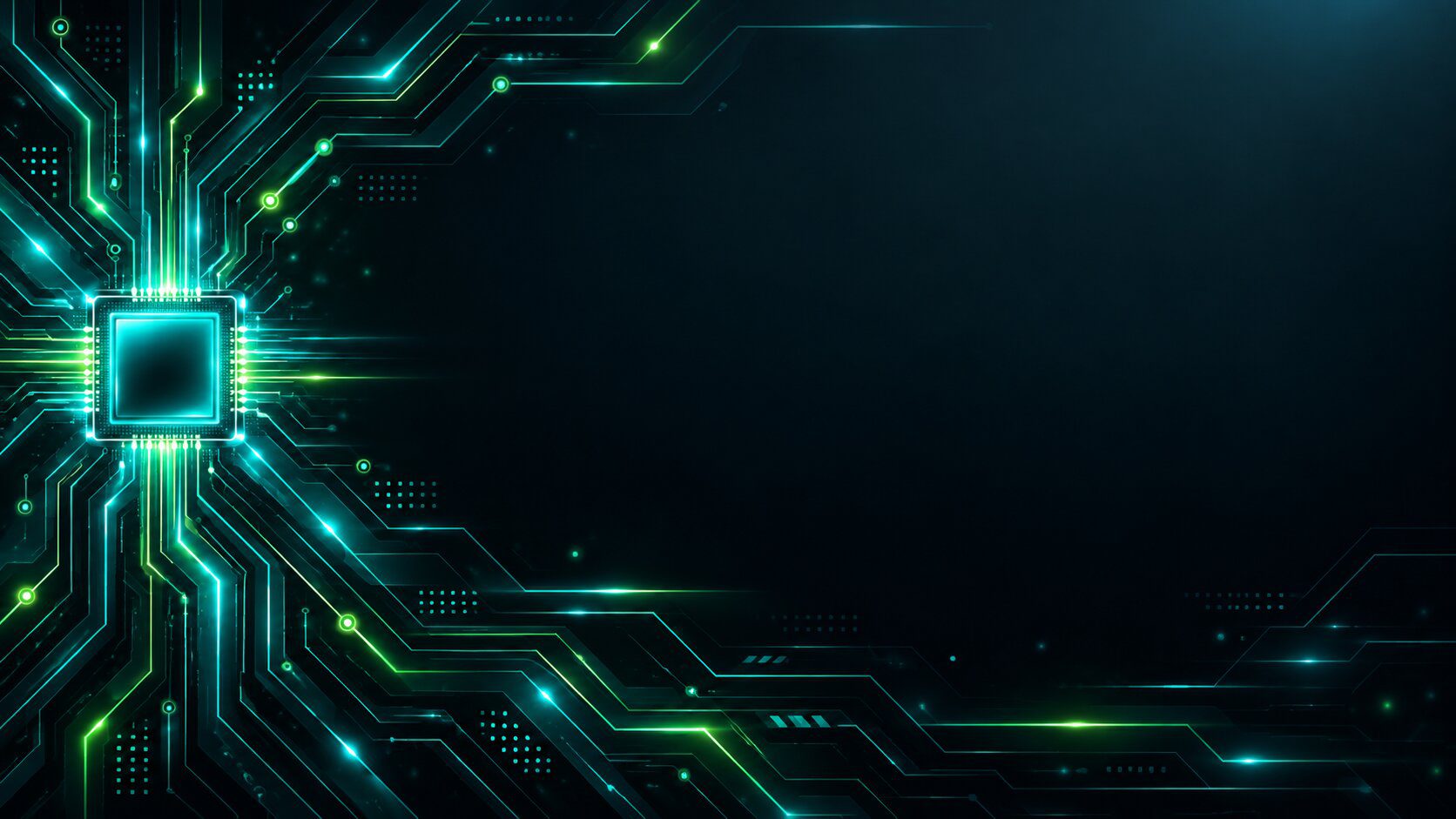 Neon processor and circuit board pattern frame a dark slide background with open space for titles and text.