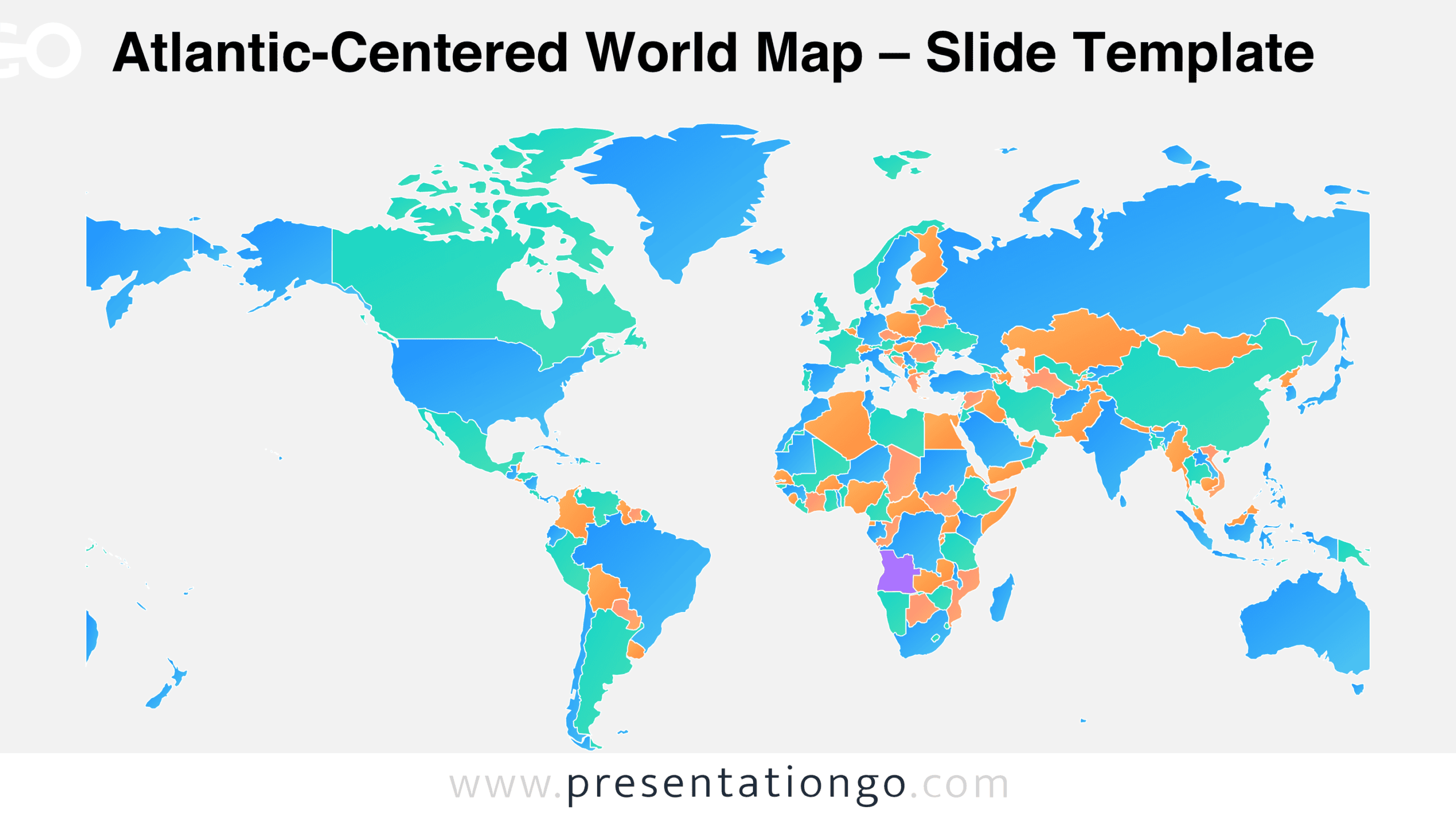 Atlantic-Centered World Map for PowerPoint and Google Slides showing countries and borders across six continents.