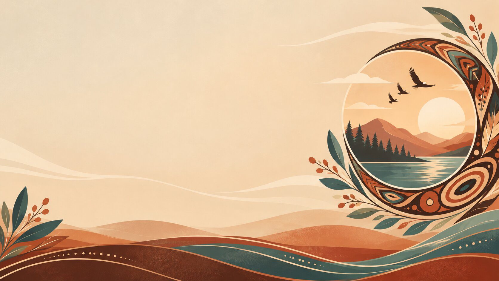Boho botanical slide background with a sunset mountain scene on the right and spacious cream area for titles and text.