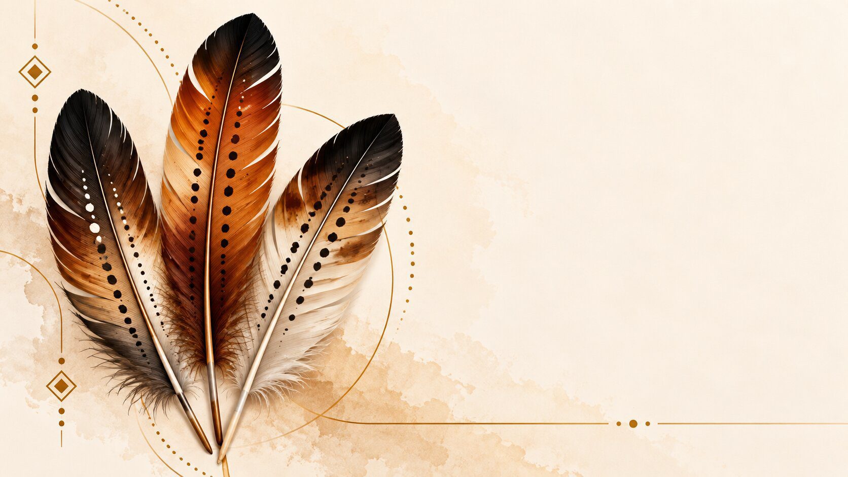 Three boho feathers with watercolor textures and gold accents create an elegant cover slide with open title space.