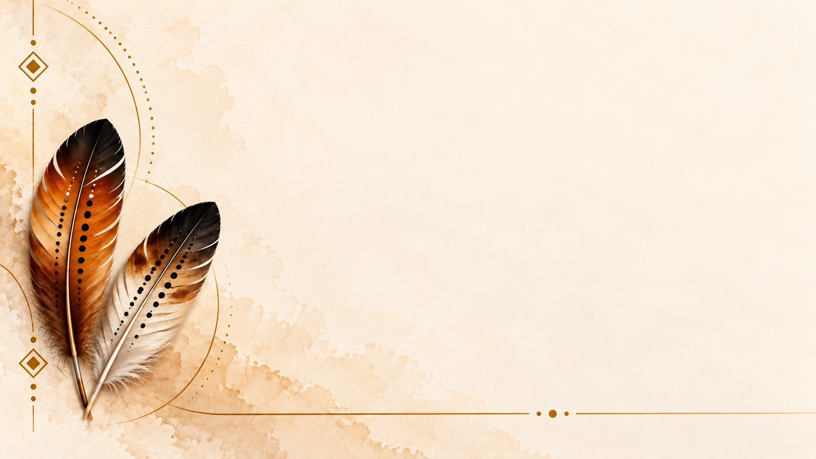 Two boho feathers with subtle watercolor textures and gold accents frame a spacious area for slide text.
