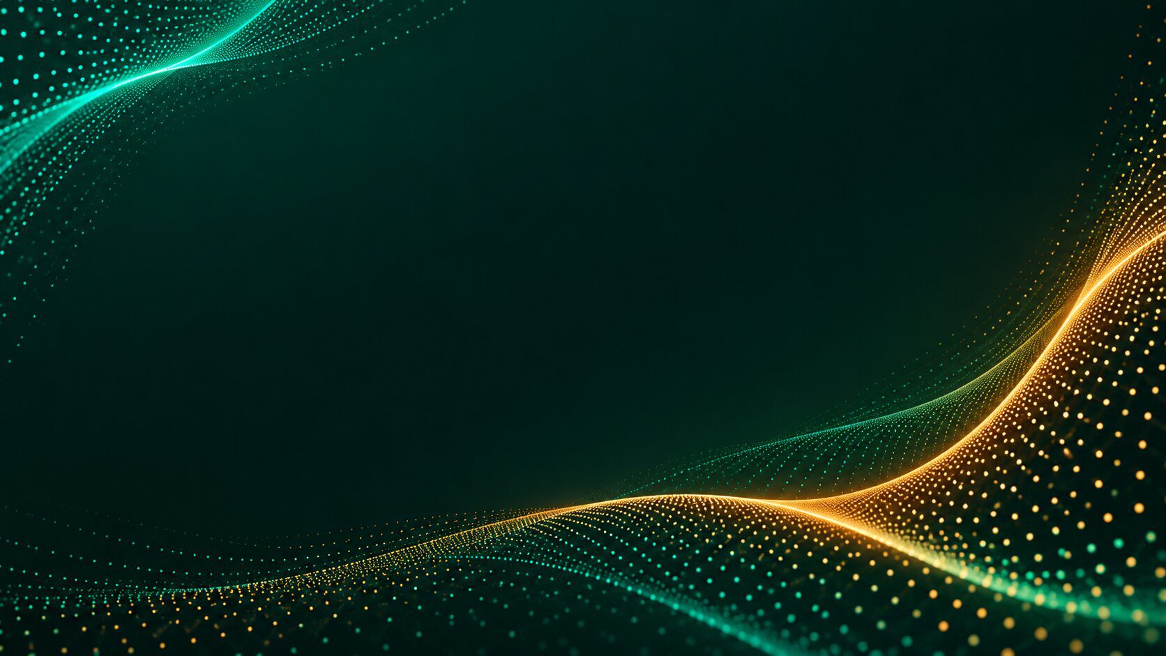 Teal and gold dotted waves trace the edges of a dark green slide, leaving ample room for titles and text.