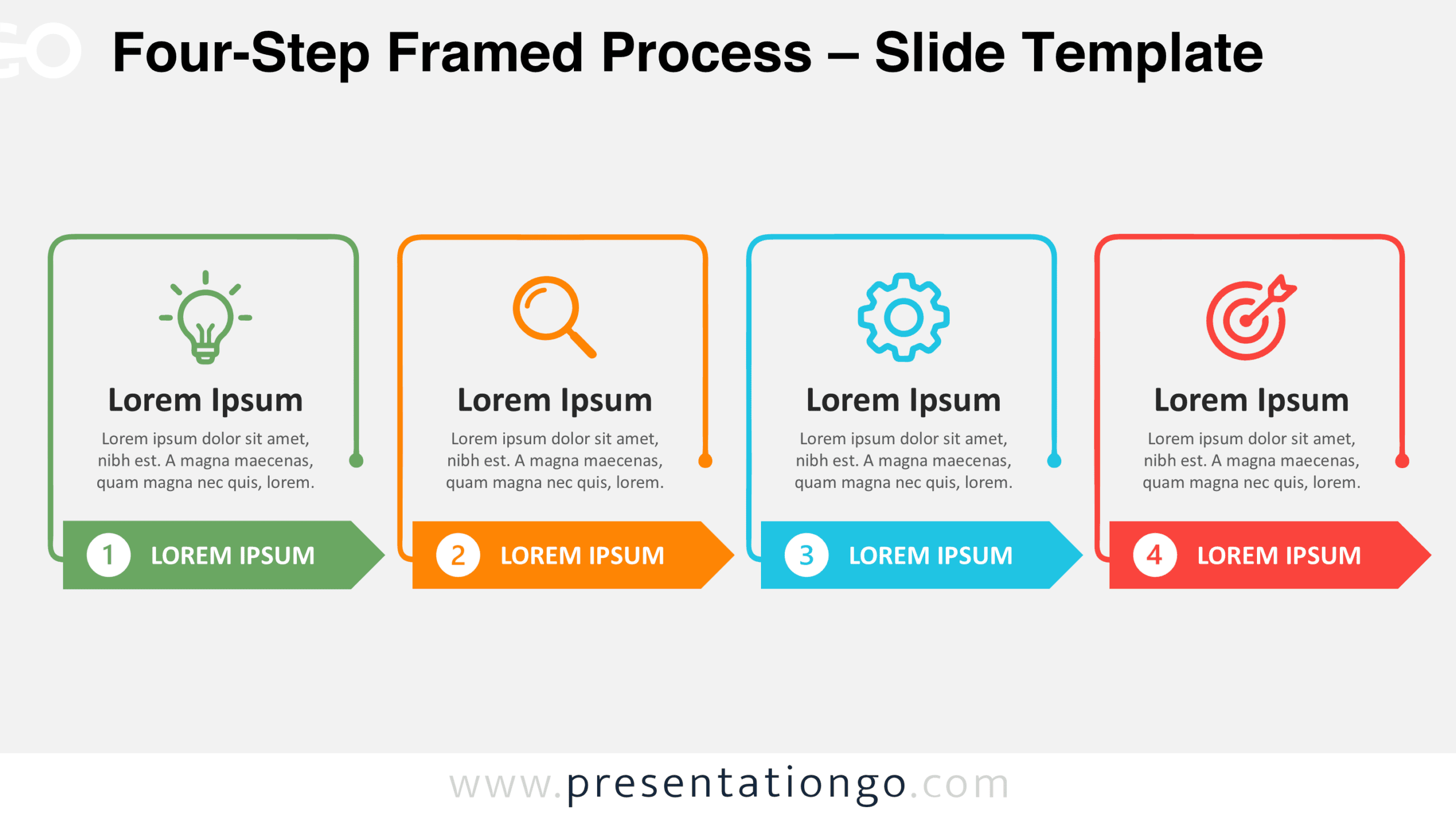 Four-Step Framed Process for PowerPoint and Google Slides with four framed stages, line icons, labels, and numbered arrows.