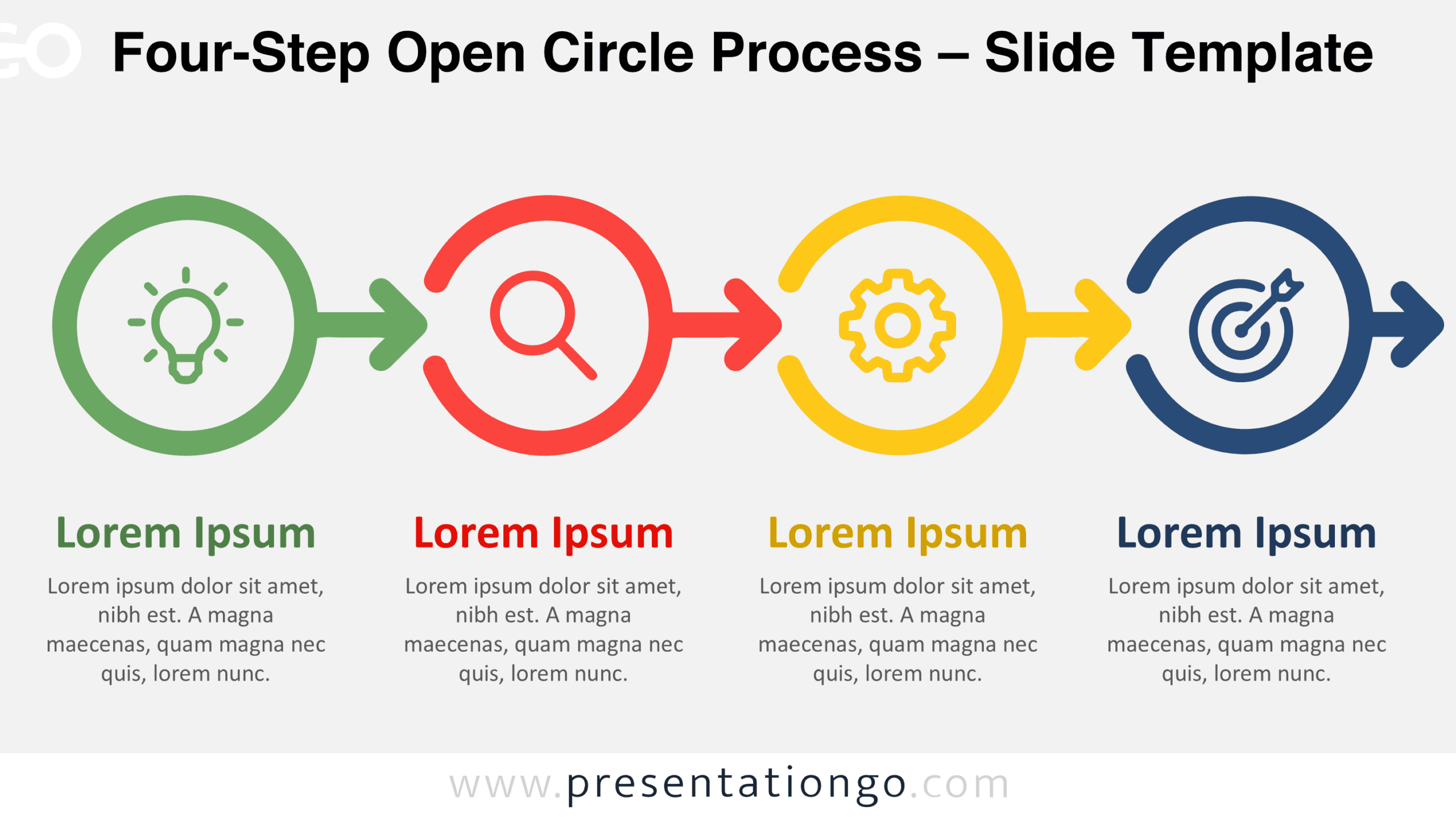 Four-step open circle process diagram for PowerPoint and Google Slides with connected arrows, four icons, and text areas.
