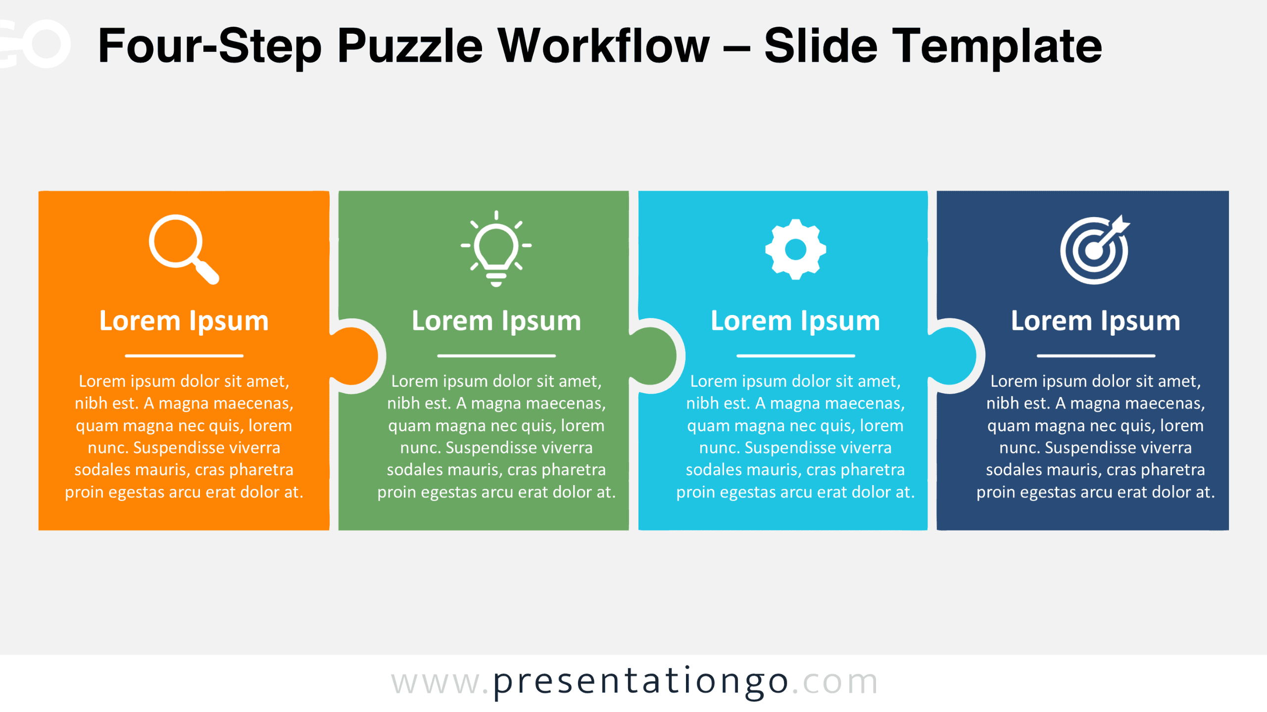Four-Step Puzzle Workflow for PowerPoint and Google Slides with four connected puzzle pieces, editable icons, and text areas.