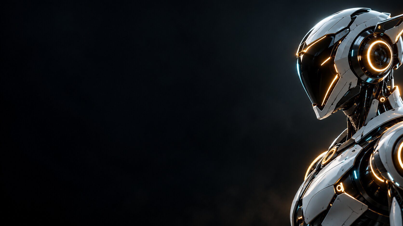Sleek white AI robot with illuminated visor at the right edge, leaving dark space for slide titles and text.