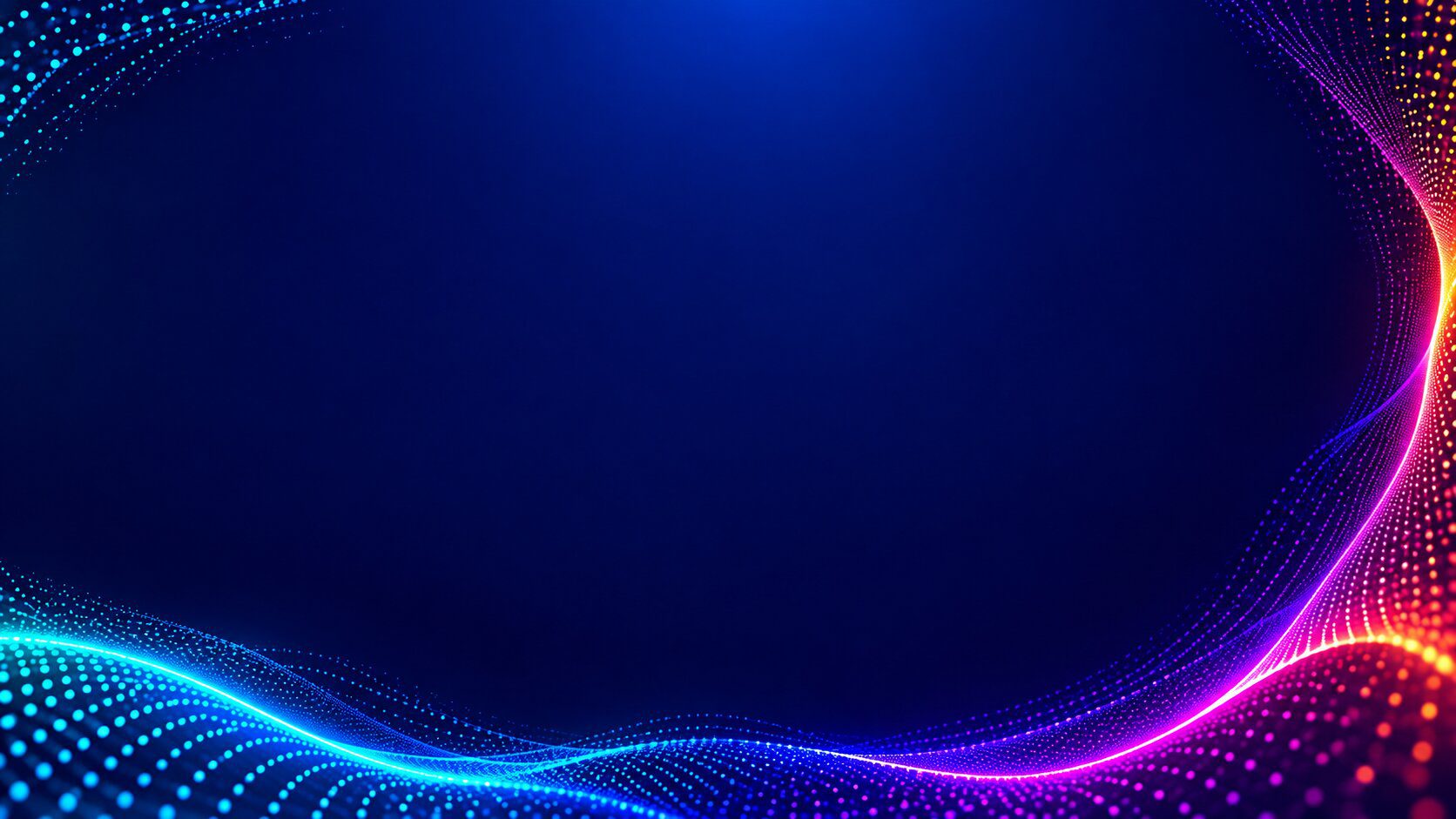 Blue and pink neon particle waves frame a dark slide background with spacious room for presentation titles and text.